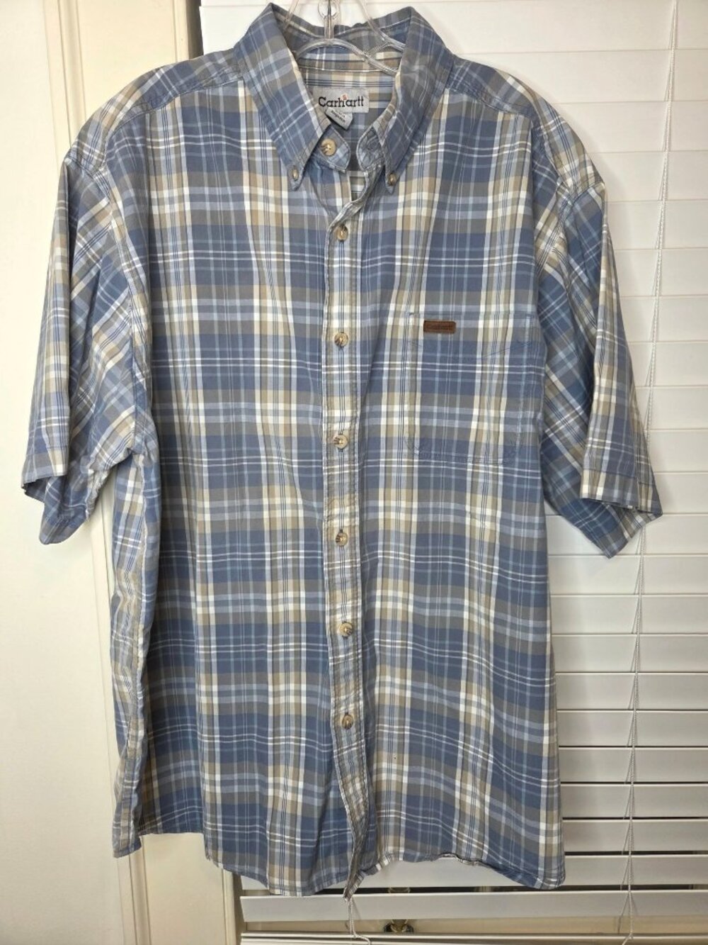 Carhartt Mens Plaid SS Plaid Shirt Button-Up Cotton Blue/Beige Grandpacore cabin - Picture 1 of 7